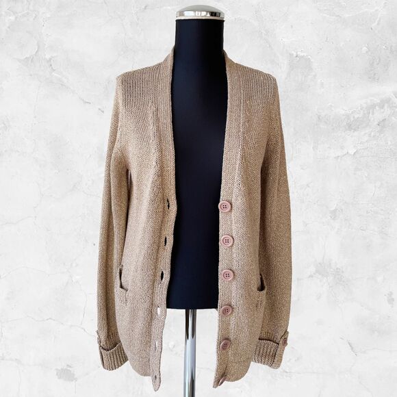 Orvis Metallic Gold Cardigan Sweater Womens Small Linen Blend Pockets - Picture 3 of 9
